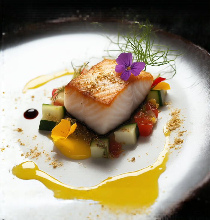 Artistic presentation of salmon with vegetables and edible flowers on a white plate.